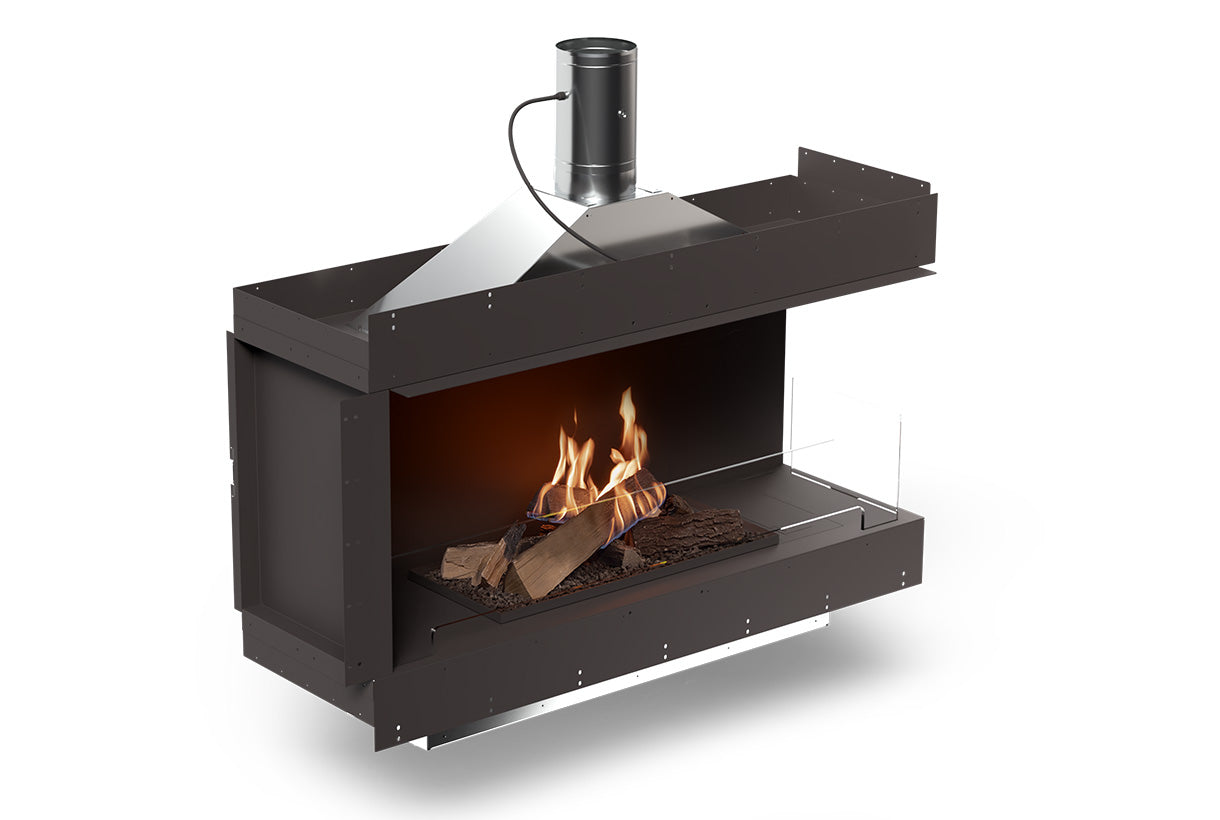 Planika Forma 1200 Bioethanol Fireplace Right Corner with FLA4 990 Logs and Flue Connection