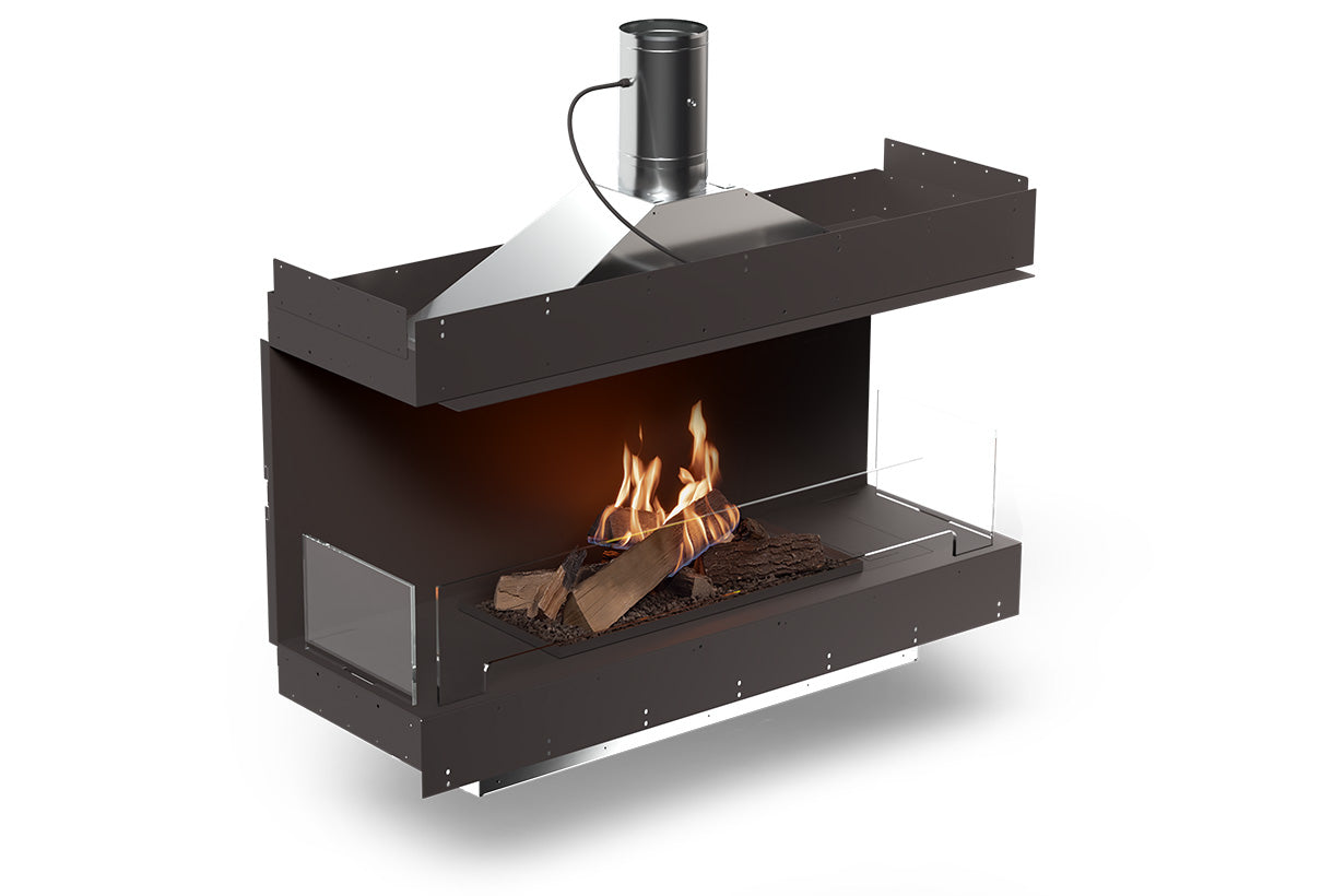 Planika Forma 1200 Bioethanol Fireplace Three Sided with FLA4 990 Logs and Flue Connection